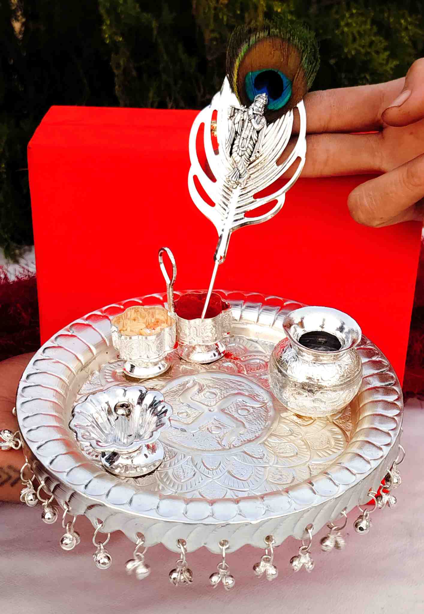 Additional image for German silver Ghungaru aarti thali set